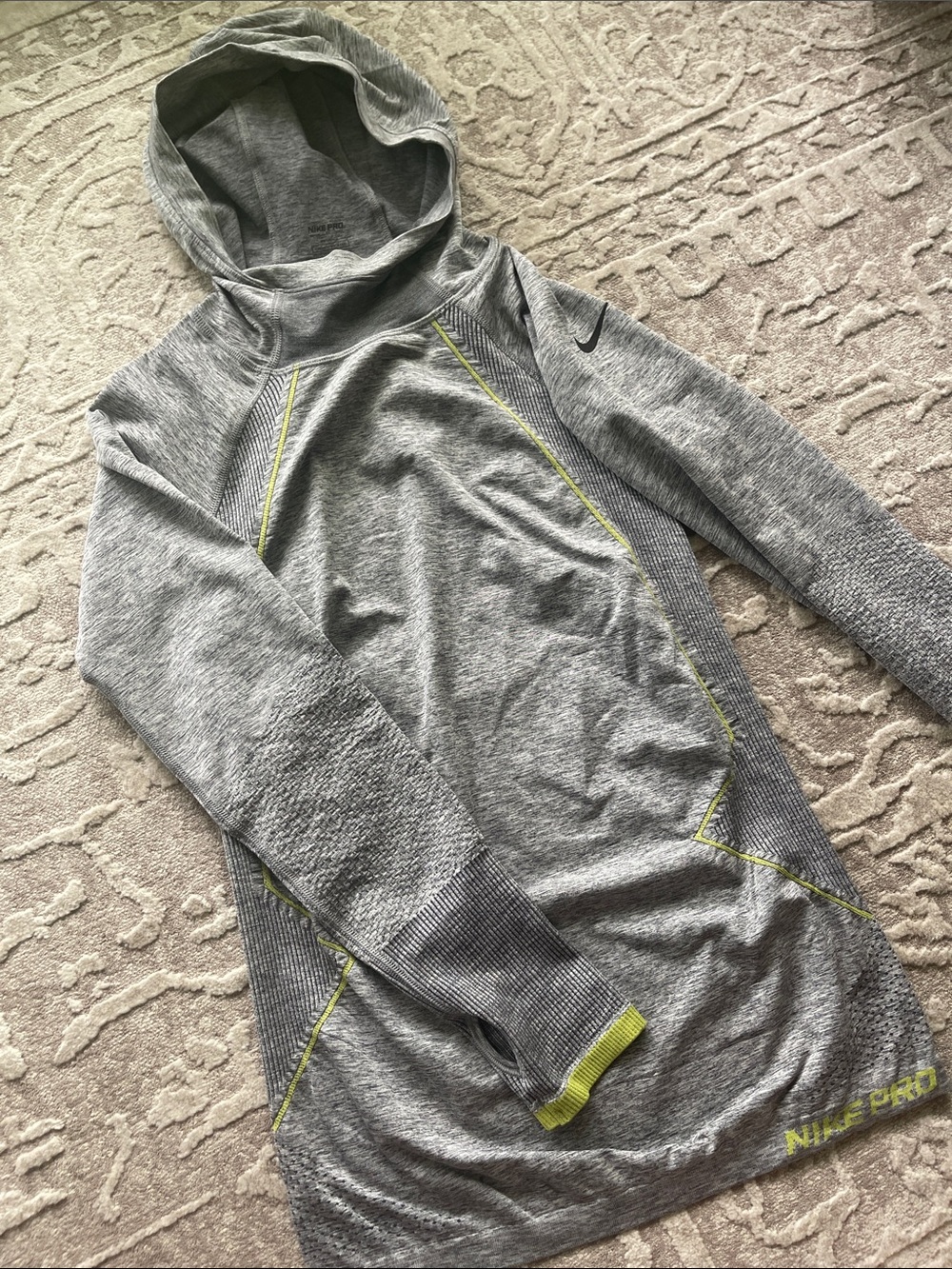 Nike Pro Grey Hooded Long Sleeve Top with Chartreuse Accents